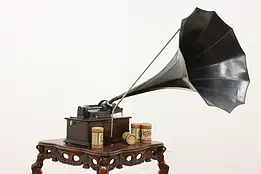 Oak Cylinder Phonograph Morning Glory Horn, Records Edison #50051