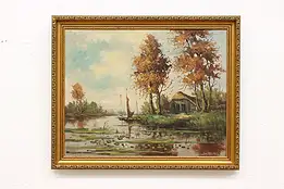 Fishing Cottage Vintage Original Oil Painting, Devries 22.5" #55135