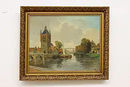 Boats on City Canal Antique Original Oil Painting Wupple 24" #55138
