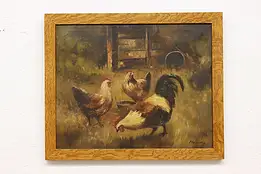 Farmyard Chickens Antique Original Oil Painting Hallam 22.5" #55140