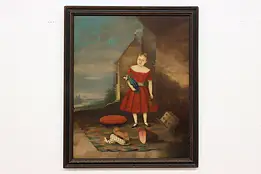 Girl & Doll Antique 1854 Original Oil Painting Davies 33.5" #55179