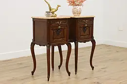 Pair Antique French Walnut & Marble Nightstands, End Tables #55063