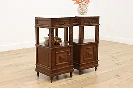 Pair of Antique English Tudor Design Oak Nightstands Marble #55109