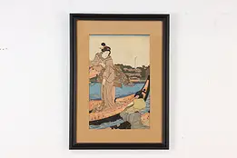 Japanese Antique Ukiyo-e Geisha Woodblock Print Signed 20.5" #54908