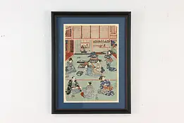 Japanese Antique Geisha House Woodblock Print Signed 19.5" #55338