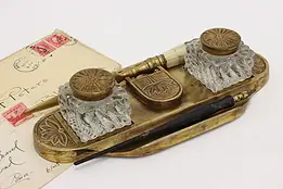 Victorian Antique Bronze Finish Double Desk Glass Inkwell #55325