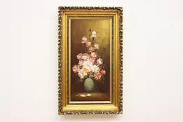 Roses Still Life Vintage Original Oil Painting Signed 30.5" #55345