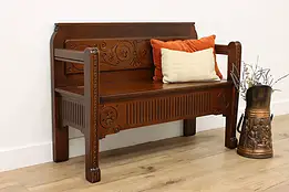 Folk Art Carved Oak Antique Lift Lid Hall Bench #55406