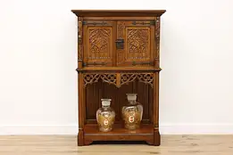 Gothic Antique Oak Bar, Hall or Bath Cabinet, Carved Knights #55395