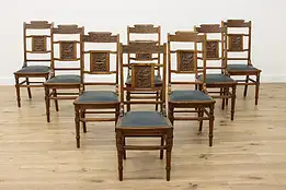 Set 8 Eastlake Victorian Antique Oak & Leather Dining Chairs #55715