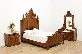 Victorian Antique Carved Walnut 3 Pc Bedroom Set, Queen Bed #55411
