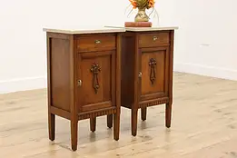 Pair of French Antique Carved Oak & Marble Top Nightstands #55826