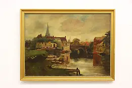 European Village Antique Original Oil Painting Signed 33" #56101