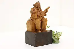 Swiss Folk Art Antique Carved Man Playing Guitar Sculpture #56273