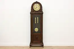 Art Deco Antique Carved Oak German Grandfather Clock, Becker #56776