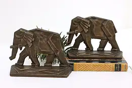 Pair of Antique Art Deco Bronze Elephant Sculpture Bookends #53791