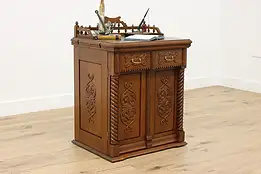 Victorian Antique Carved Walnut Collector Cabinet, Leather #51606