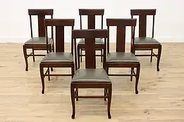 Set of 6 Arts & Crafts Mission Oak Leather Dining Chairs WI #54143