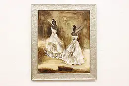 Graceful Ballerinas Vintage Original Oil Painting Signed 29" #56347