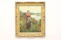 Woman in Flower Field Vintage Original Painting, Bons 39.5" #56100