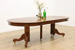 Arts & Crafts Antique 8' Oak 4' Round Dining Table, 5 Leaves #55487