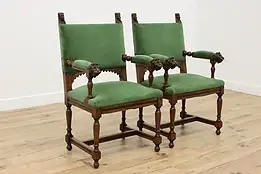 Pair of Tudor Antique Oak & Velvet Hall Chairs Carved Lions #55119