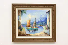 Spanish Harbor Vintage Original Oil Painting, Camprio 33" #56019