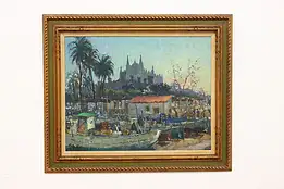 Tropical Harbor Vintage Original Oil Painting Signed 36" #55623