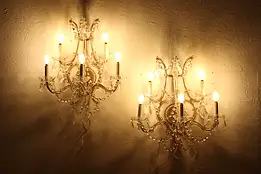 Pair of Antique Italian Crystal & Glass 5 Light Sconces #44882