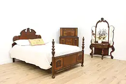 Tudor Design Antique 3 Pc Carved Walnut Queen Bedroom Set #54448