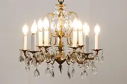 Art Nouveau Vintage Brass & Prisms 10 Arm Chandelier #48559