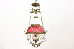 Victorian Antique Brass & Cranberry Hobnail Glass Chandelier #47111