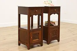 Pair of Antique Oak & Marble Nightstands or End Tables #56580