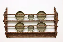 Dutch Antique Hand Carved Oak Kitchen Plate & Pan Wall Rack #56592
