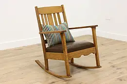 Arts & Crafts Mission Oak Antique Rocking Chair Leather  #56423