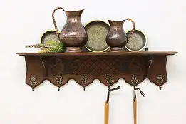 Dutch Antique Carved Oak Coat, Hat, & Display Wall Rack #56693