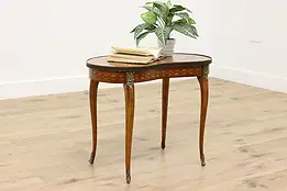 French Antique Mahogany & Inlay Kidney Side End Table Marble #57328