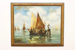 Houseboats Harbor Vintage Original Oil Painting Zamorro 44" #56591