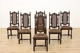Set 6 Renaissance Antique Carved Oak Dining Chairs Leather #56932