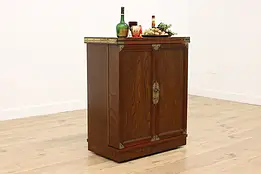 Chinese Vintage Marble Flip Top Rolling Server Bar Cabinet #57292