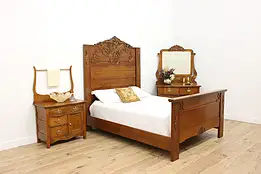 Victorian Antique Carved Oak Queen Size 3 Pc Bedroom Set #56551