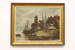 Foggy Town Harbor Antique Original Oil Painting Signed 37.5" #56605