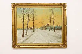 Snowy Road to Home Antique Original Oil Painting Signed 47" #56621
