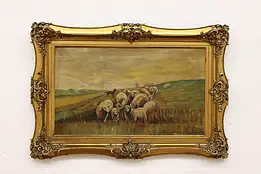 Shepherd & Flock Antique Original Oil Painting Signed 29" #56590