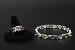 Sterling Silver Multi-Gemstone Bracelet & Ring Set #57838