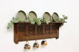 Gothic Design Antique Oak Wall Shelf Coat Rack Cherub Hooks #56698