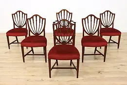 Set 6 Hepplewhite Vintage Mahogany Dining Chairs Red Fabric #56121