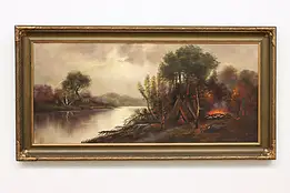 Indian Camp Antique Original Oil Painting Dixon 45.5" #57705