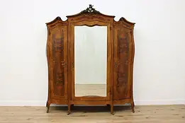Italian Bombe Antique Walnut Triple Armoire Wardrobe Mirror #57778