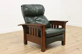 Craftsman Emerald Leather & Oak Reclining Chair, Stickley #57983